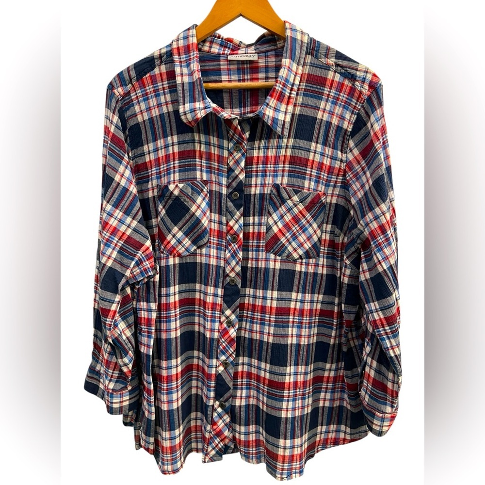 Catherines Women's 3X Blue Red Plaid Button Down Roll Tab Sleeve Western
